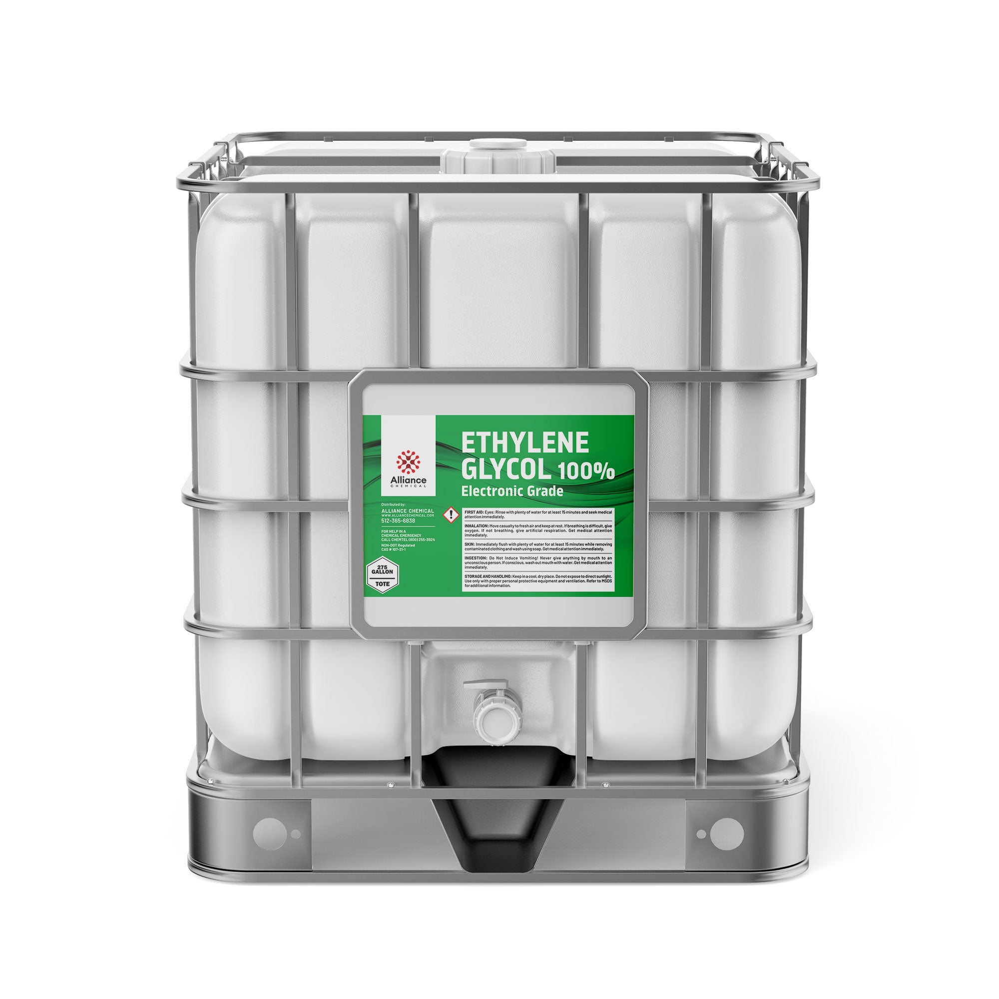 275-gallon IBC tote of 100% Electronic Grade Ethylene Glycol by Alliance Chemical, with green label, metal cage frame, and bottom discharge valve.